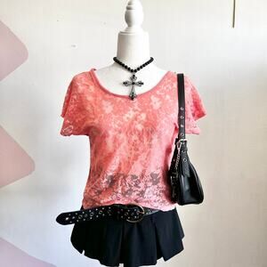 Y2K Coral Lace Top,‎ Boho, Coquette, Romantic, Beachy, Vacation, Small, Girly